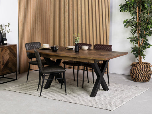 Table de salle à manger extensible Tulsa à pieds croisés foncés (140 cm - 180 cm) et chaises de salle à manger grises Houston