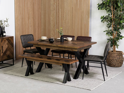 Table de salle à manger extensible Tulsa à pieds croisés foncés (140 cm - 180 cm) et chaises de salle à manger grises Houston