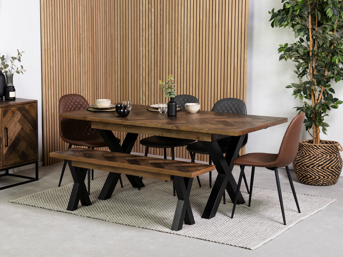 Table de salle à manger extensible Tulsa à pieds croisés foncés (140 cm - 180 cm) et chaises de salle à manger Dallas marron