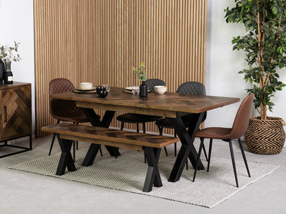 Table de salle à manger extensible Tulsa à pieds croisés foncés (140 cm - 180 cm) et chaises de salle à manger Dallas marron