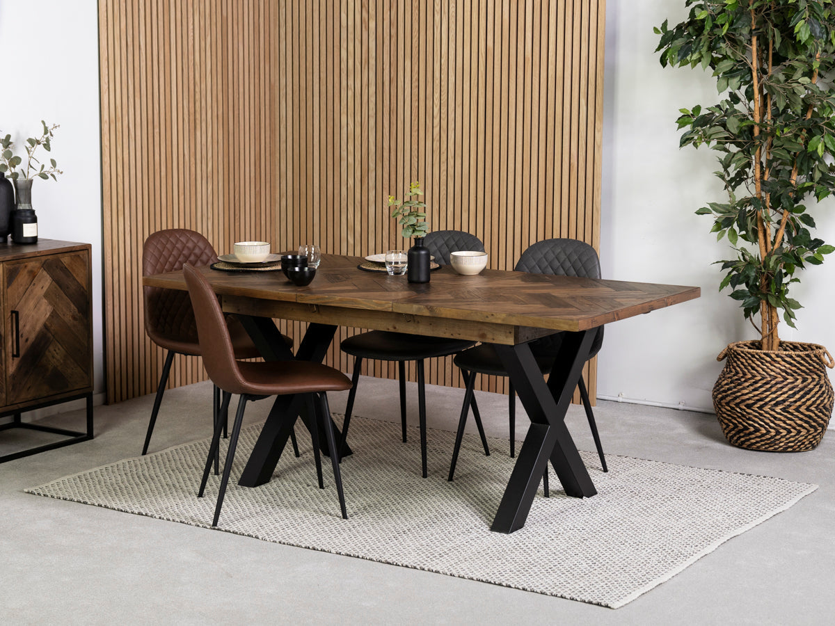 Table de salle à manger extensible Tulsa à pieds croisés foncés (140 cm - 180 cm) et chaises de salle à manger grises Dallas