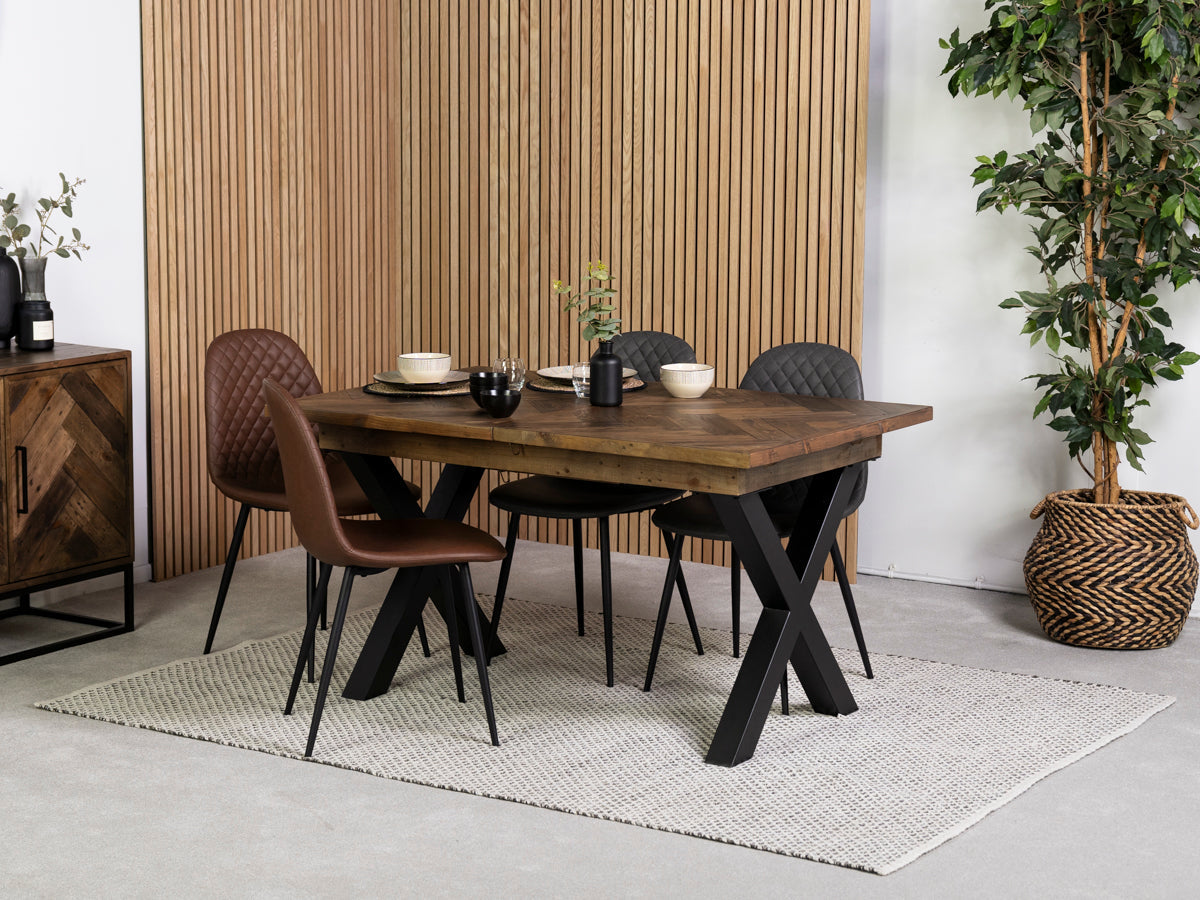 Table de salle à manger extensible Tulsa à pieds croisés foncés (140 cm - 180 cm) et chaises de salle à manger Dallas marron