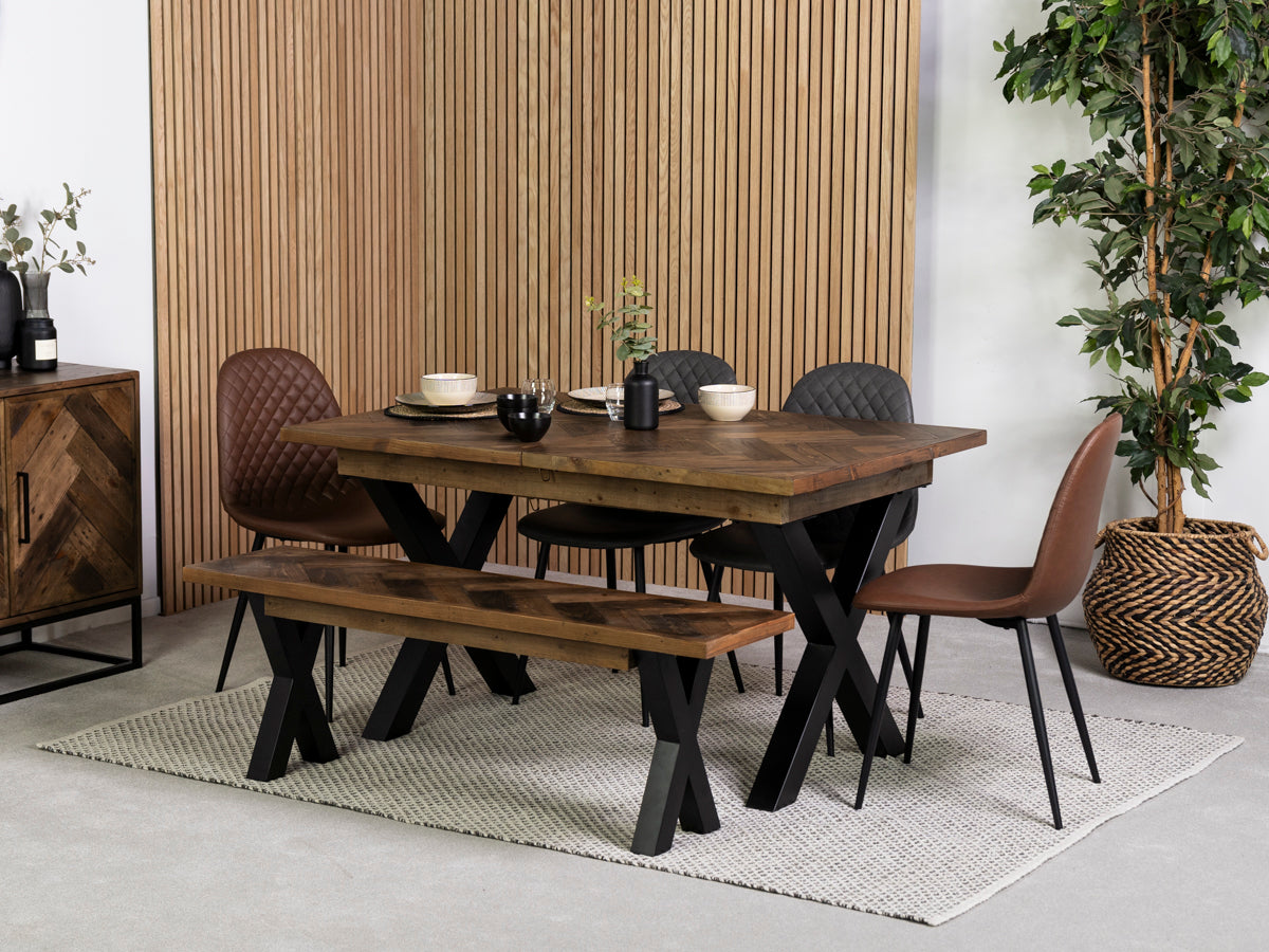 Table de salle à manger extensible Tulsa à pieds croisés foncés (140 cm - 180 cm) et chaises de salle à manger grises Dallas