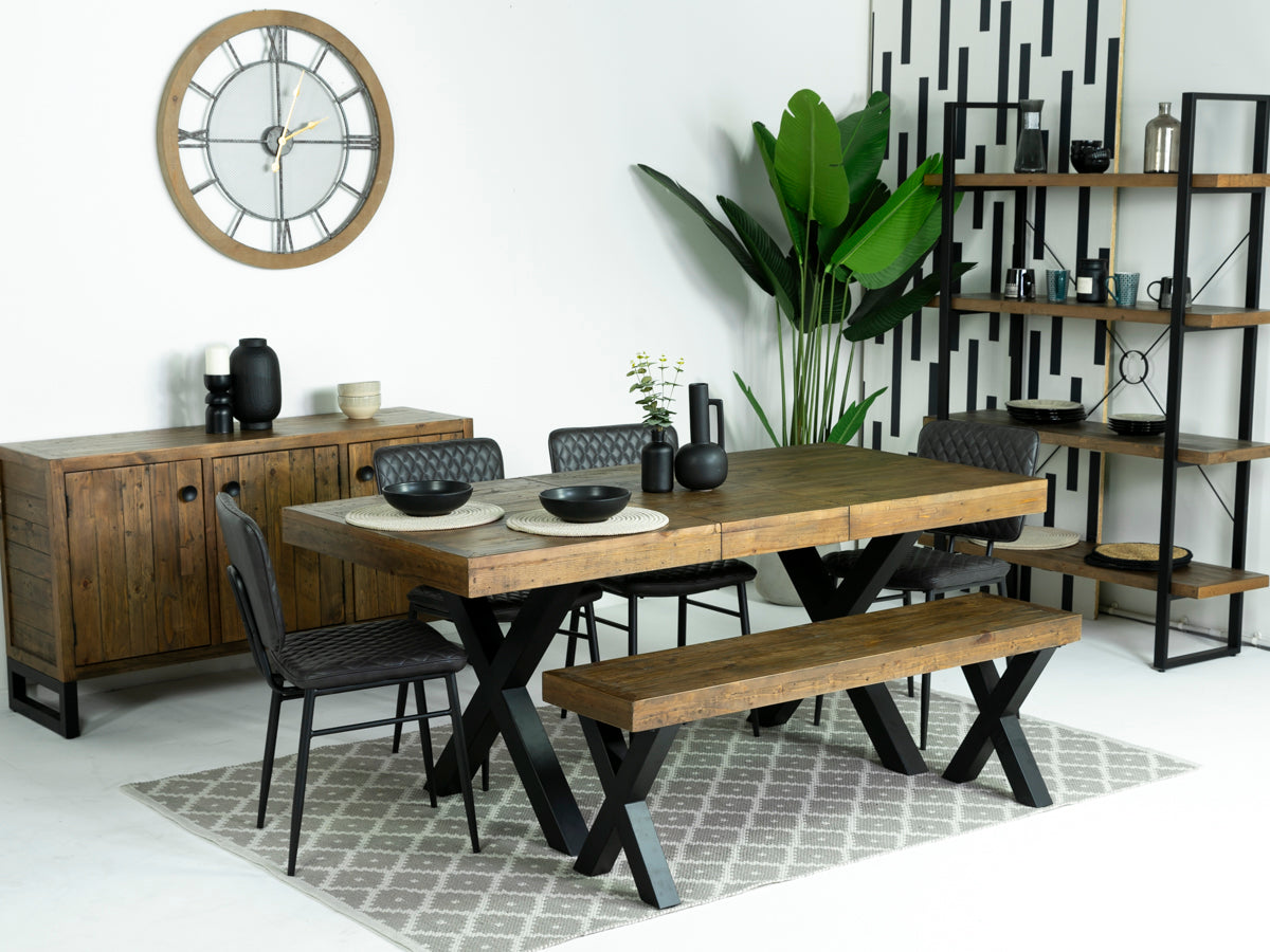 Table de salle à manger extensible Brooklyn à pieds croisés (140 cm - 180 cm) et chaises de salle à manger grises Houston