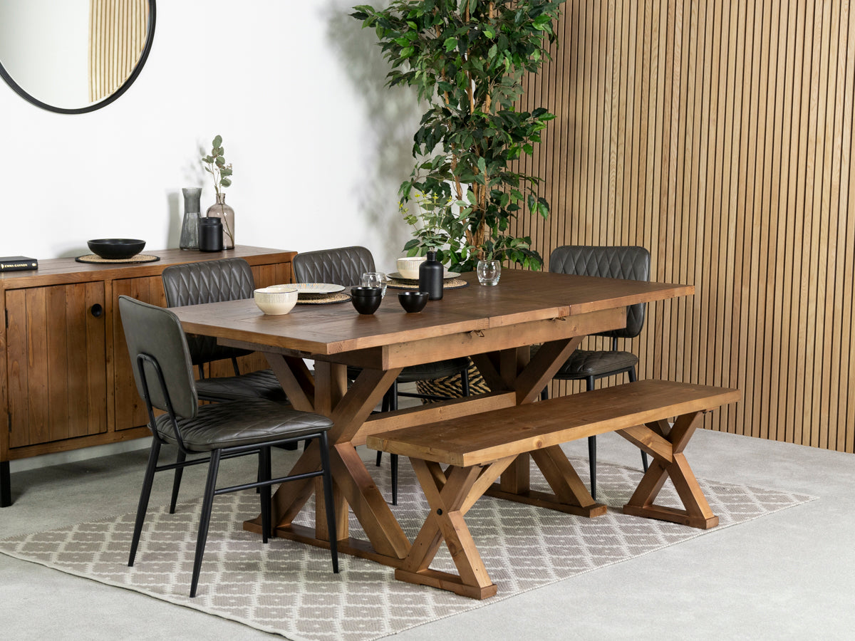 Table de salle à manger extensible Provence (-180 cm) et chaise de salle à manger Houston grise 140 