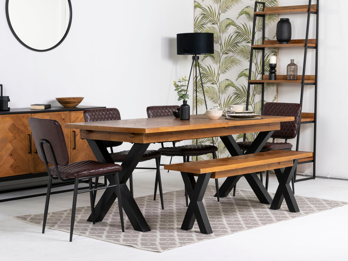 Table de salle à manger extensible Tulsa à pieds croisés (180 cm - 240 cm) et chaises de salle à manger marron Houston